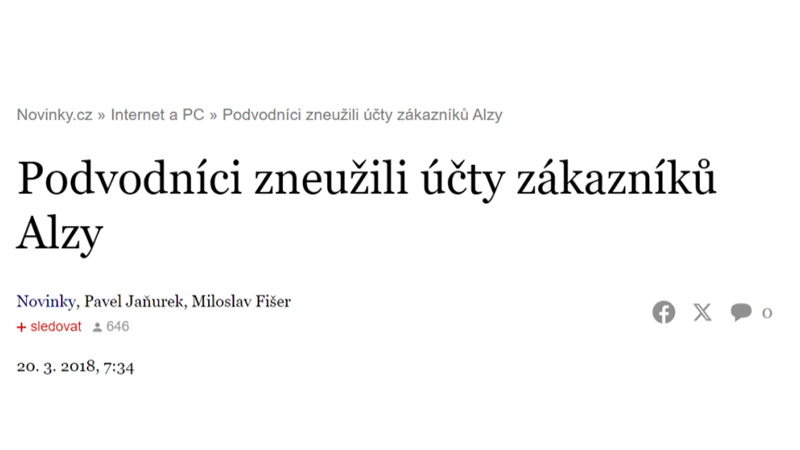 Podvodníci zneužili účty zákazníků Alzy