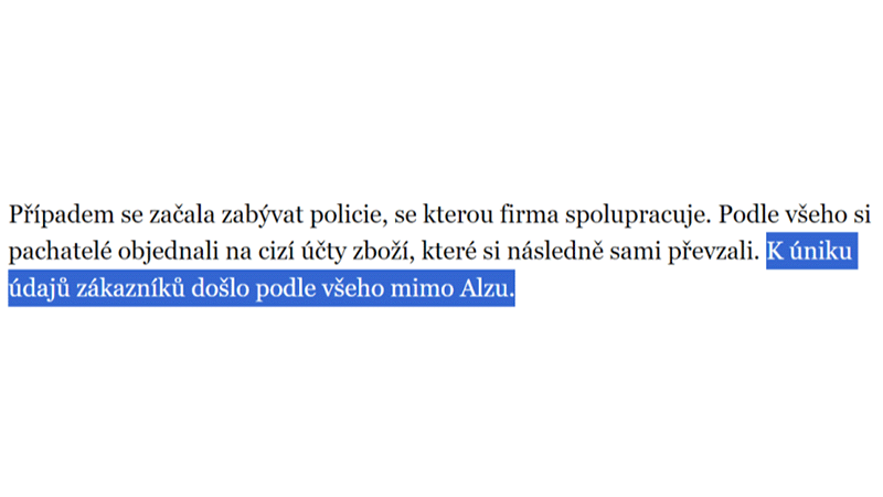 K úniku údajů došlo podle všeho mimo Alzu