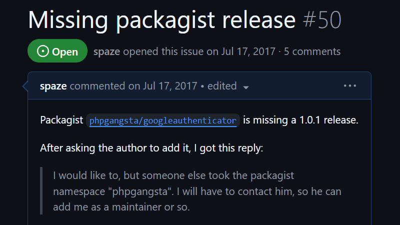 phpgangsta/googleauthenticator missing packagist release